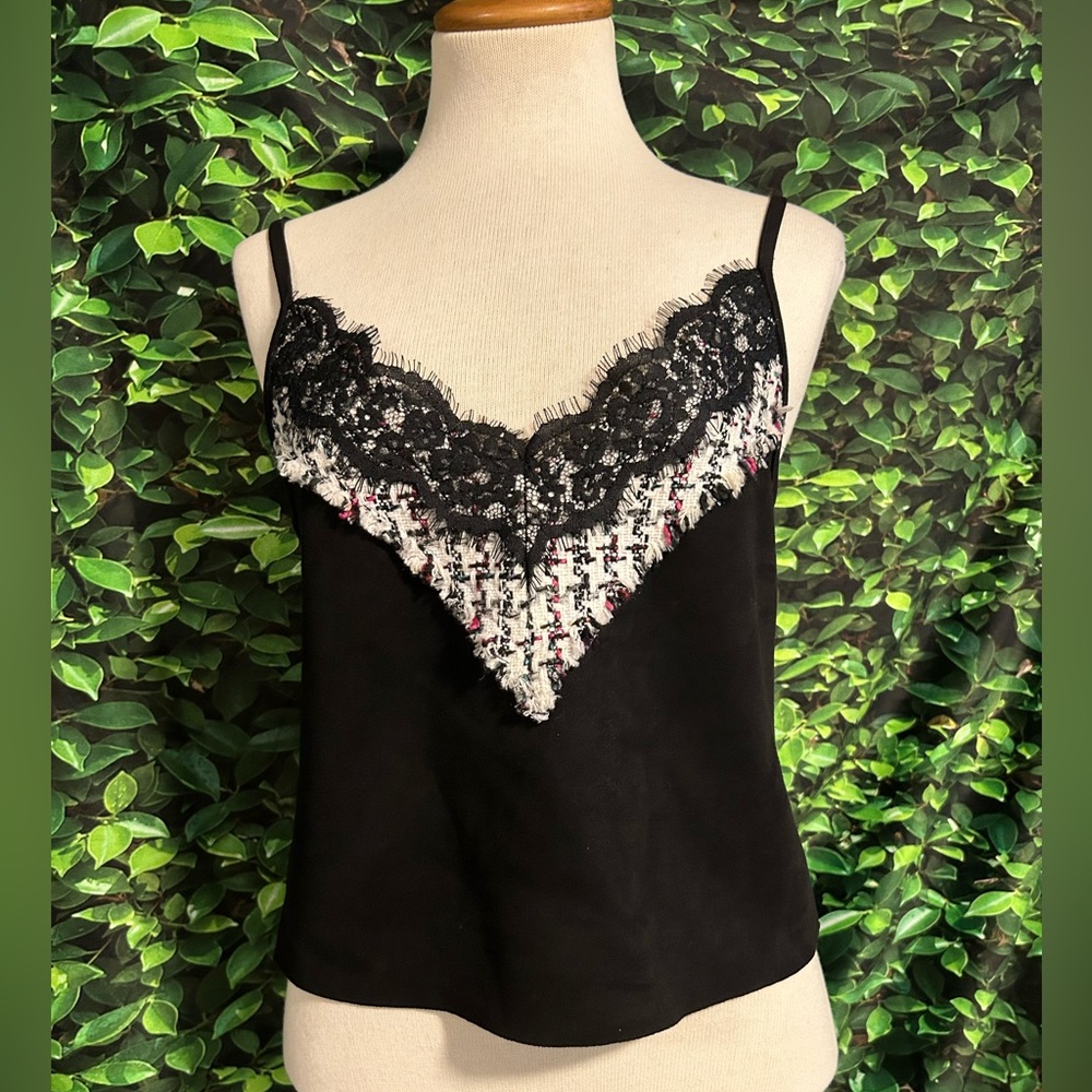 Zara Crop Top Tank Shirt Black Textured V Neck Suede Feel Junior Small